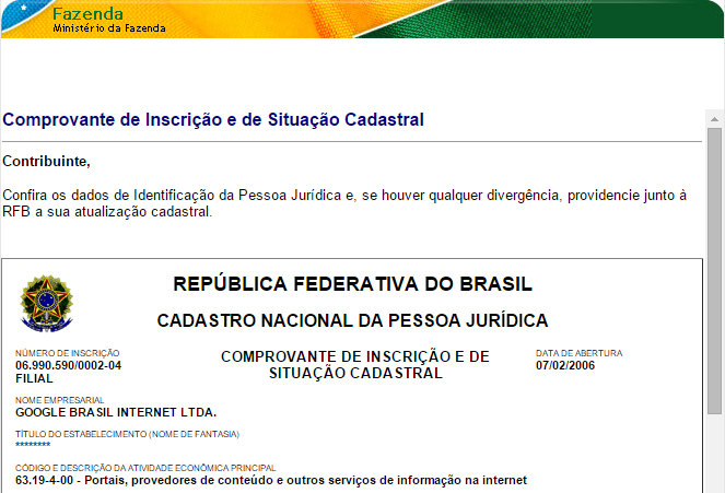 CNPJ de empresa consultado pela Receita