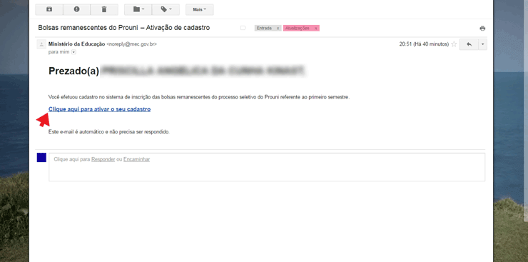 Email de confirmação do Prouni 2025